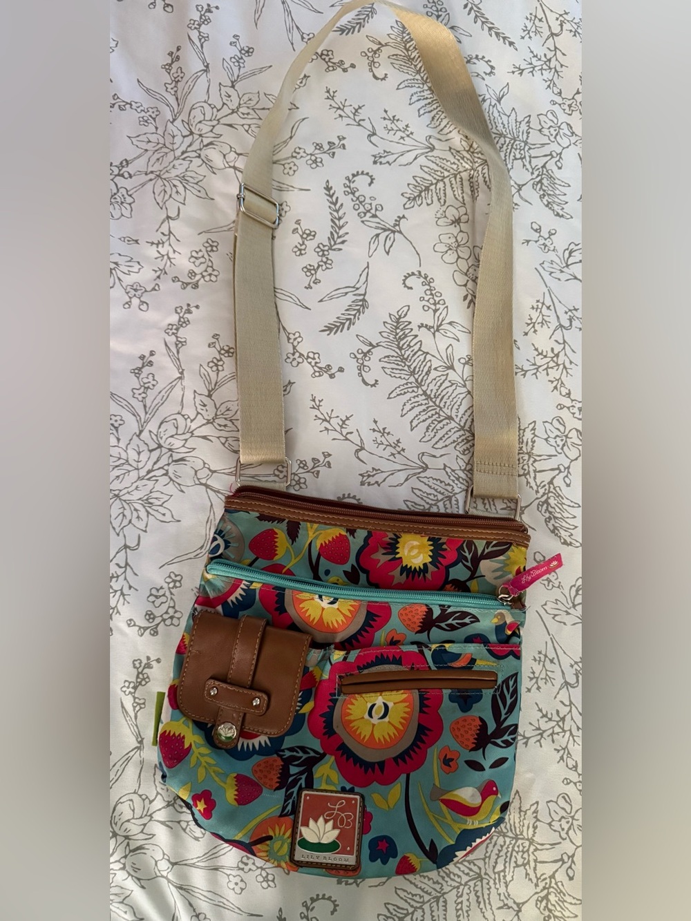 Lily Bloom Teal Floral Crossbody with Brown Trim